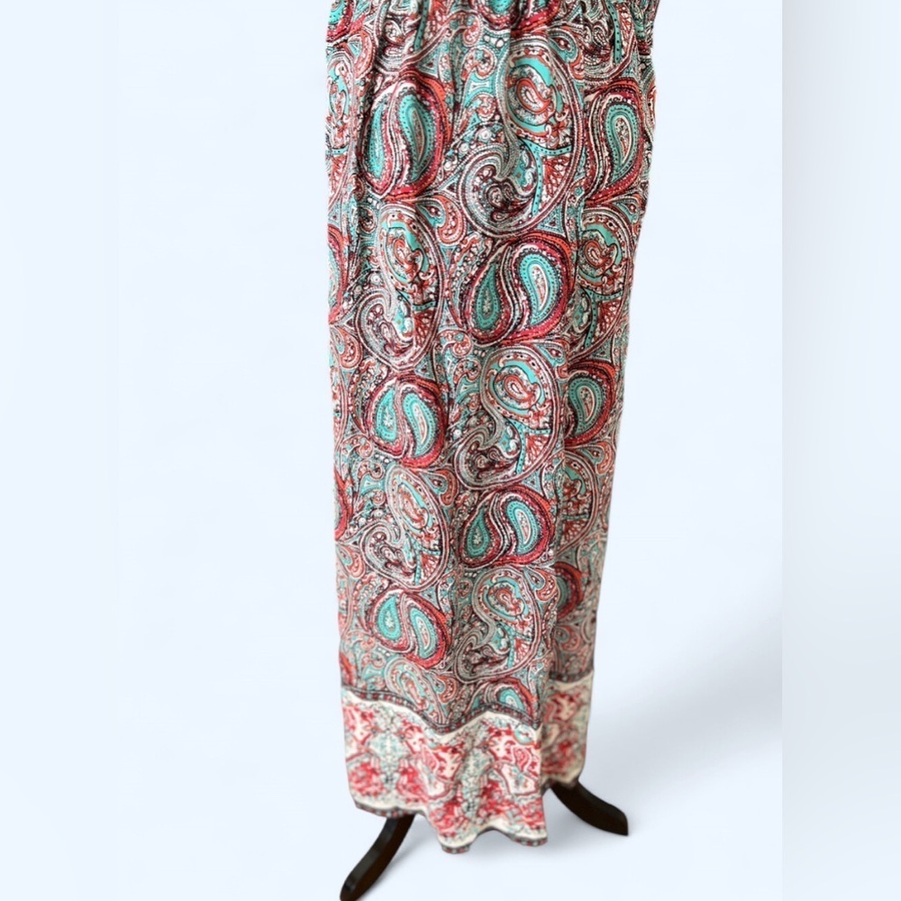 Red Paisley Rayon Maxi Skirt Boho Euro Summer Resort Wear Elastic Waist S